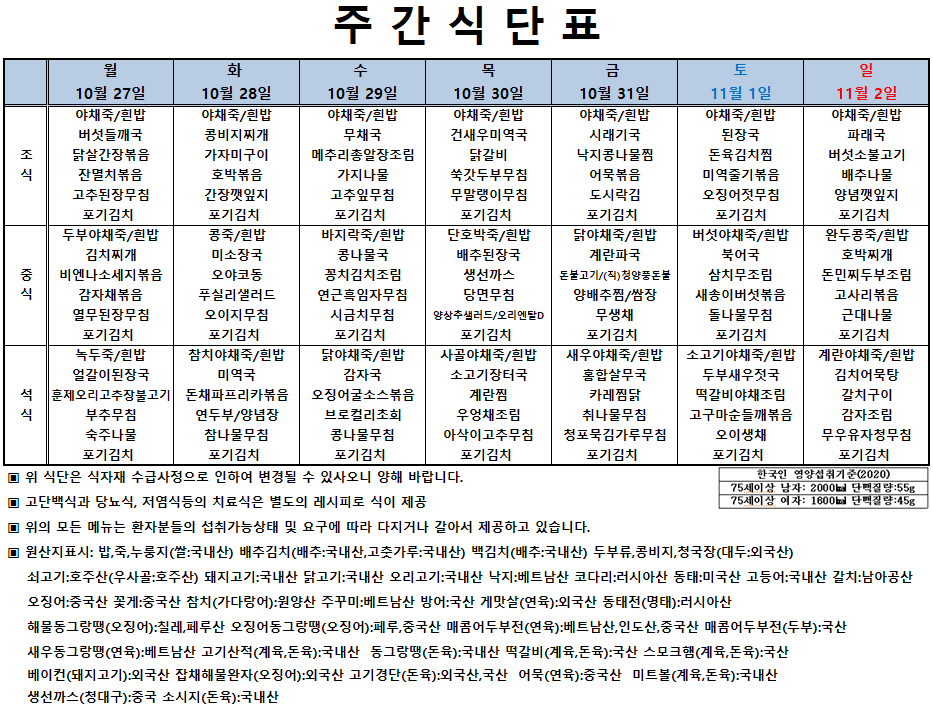 2025년 10월27일~2025년 11월2일 환자주간식단표